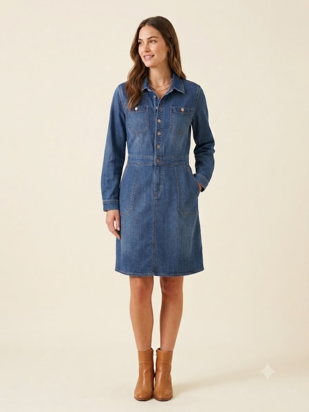 Denim Dress Utility Pocket Classic Wash Mini Shirt Dress Spica Style Boho Preppy - Picture 4 of 17